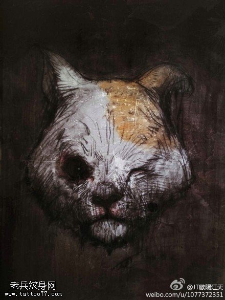 冷淡静默猫头纹身图案手稿