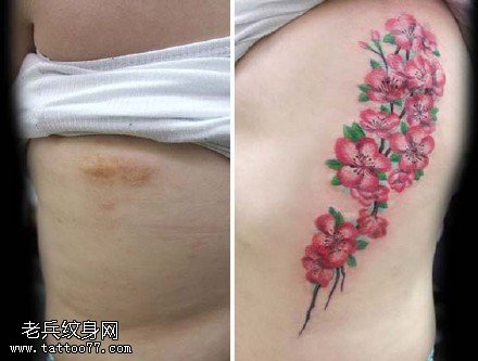 遮盖伤疤一串桃花纹身图案