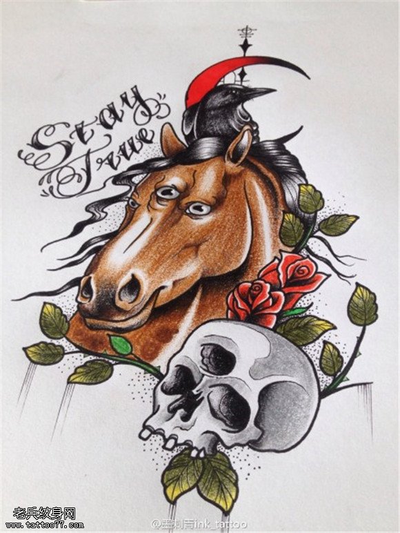 彩色字母马骷髅玫瑰纹身图案