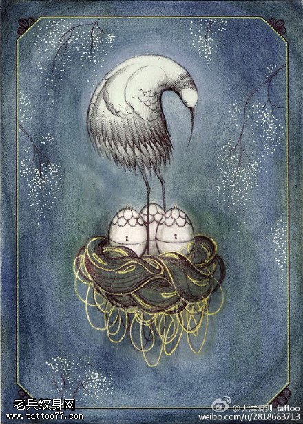 素描抽象仙鹤鸟纹身图案