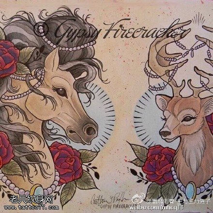 彩绘骏马小鹿纹身图案