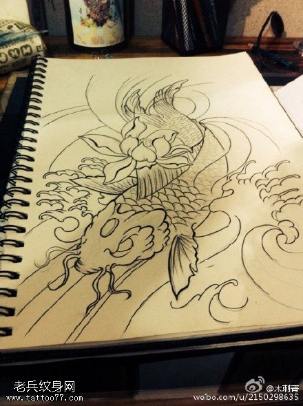 鲤鱼莲花纹身手稿图片