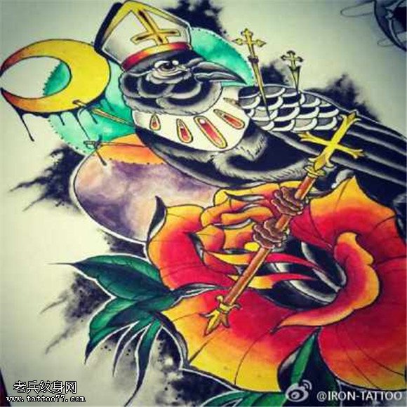彩色月亮猫头鹰玫瑰纹身手稿图片