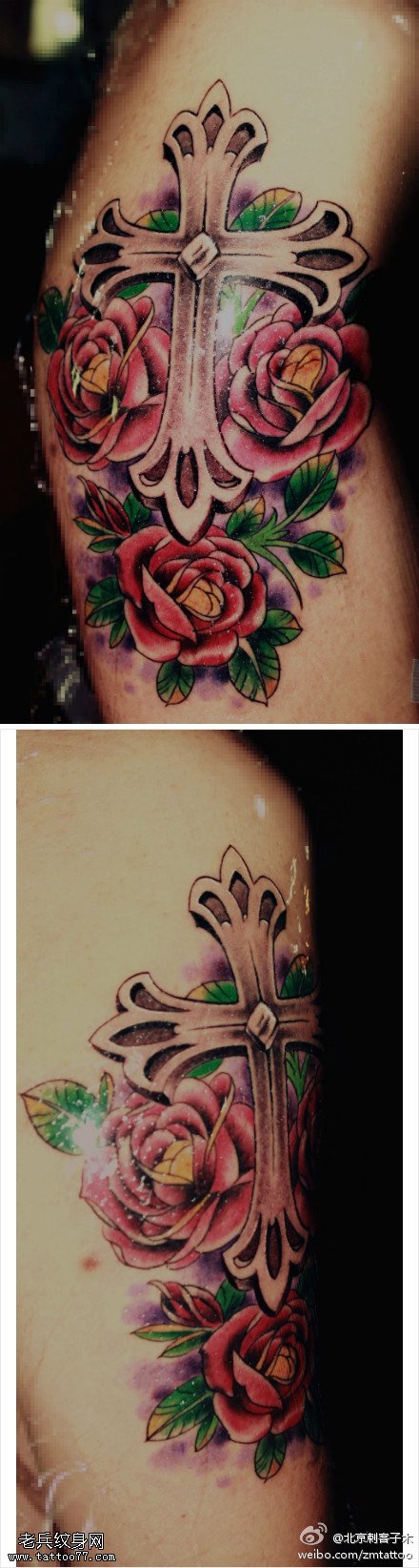 美丽肃穆鲜花十字架纹身图案