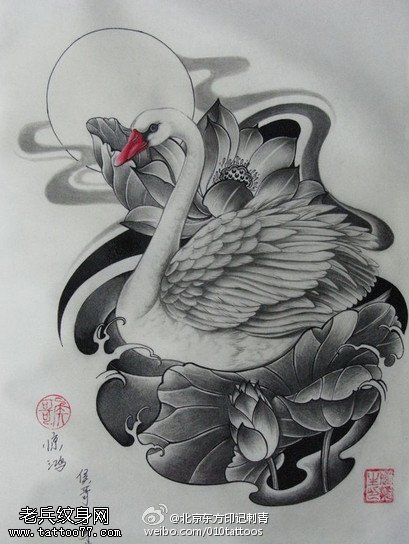 漂亮的荷花白鹅手稿纹身图案