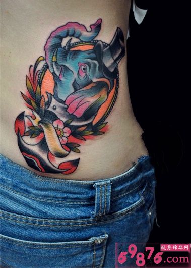 高清大象先生彩色腰部纹身图片