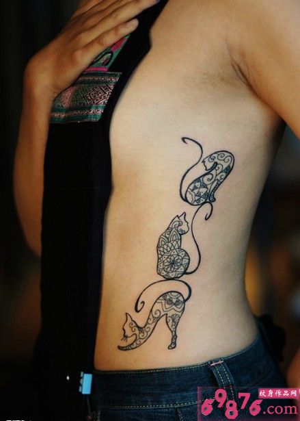 侧腰梵花猫咪创意刺青图片