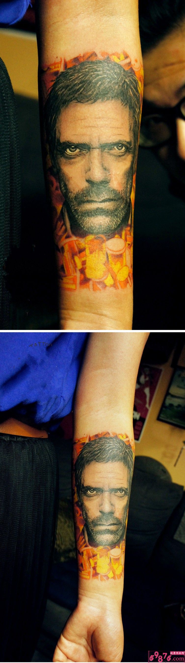 女子手臂人物素描头像刺青图片