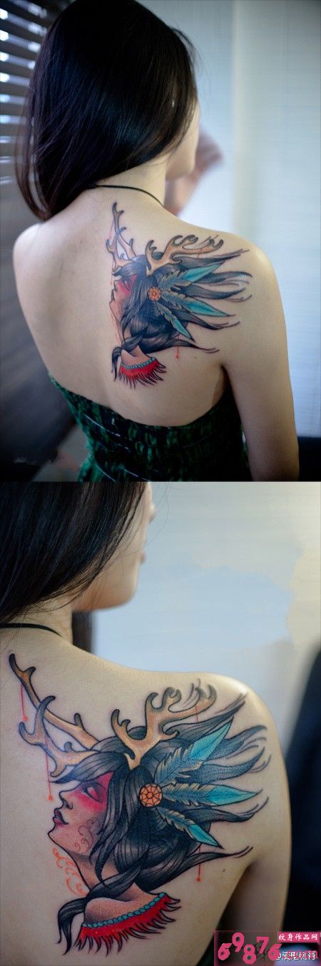 后肩创意羊角美女头像纹身图片