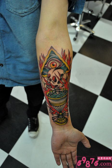 火焰骷髅欧美手臂纹身图片