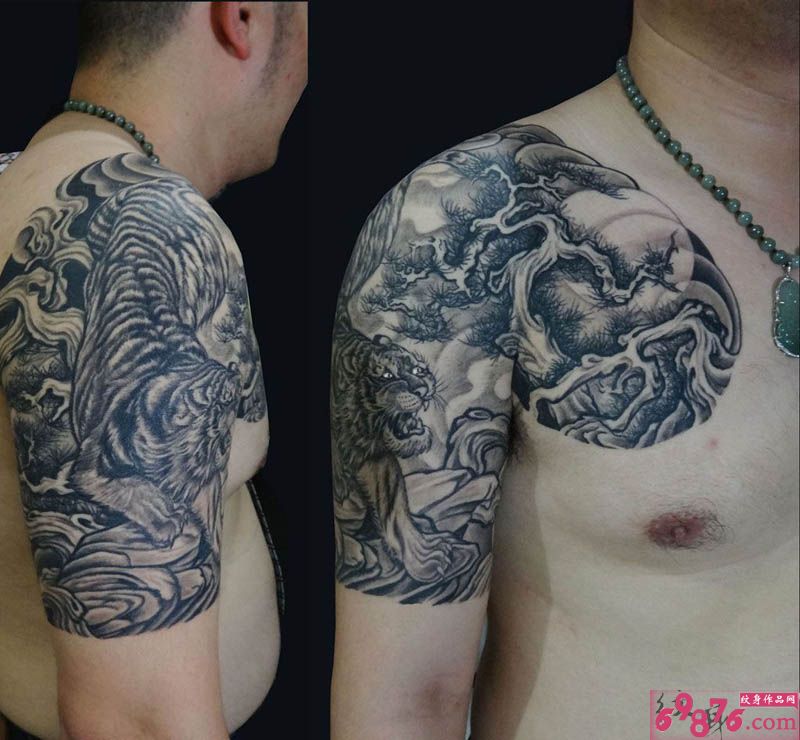 披肩霸气老虎松树纹身图片