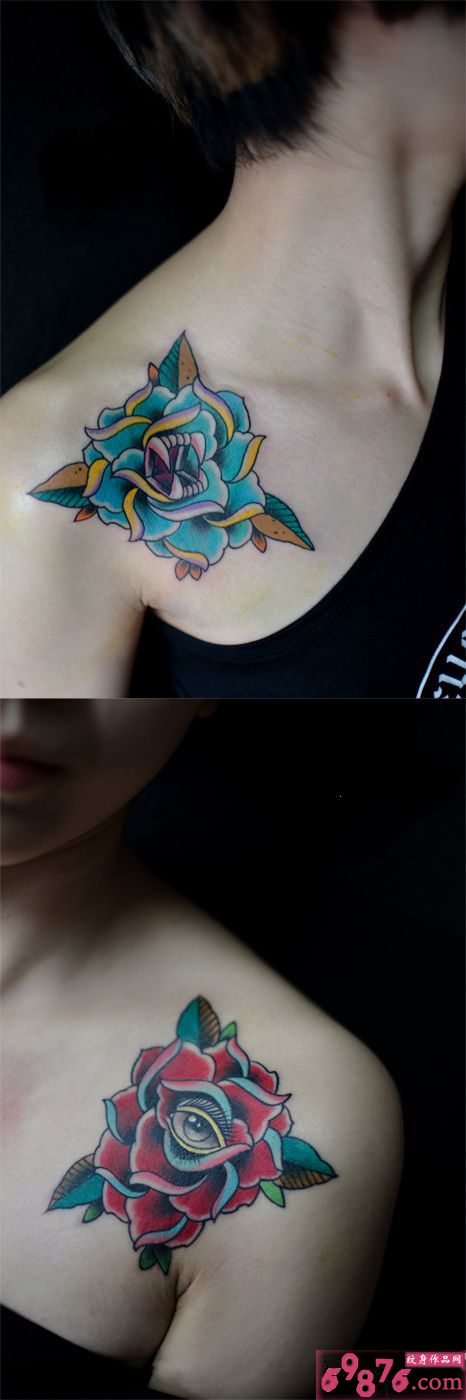 唯美肩部三角玫瑰纹身图片