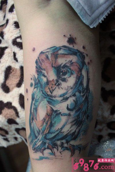 水彩风猫头鹰纹身设计图片