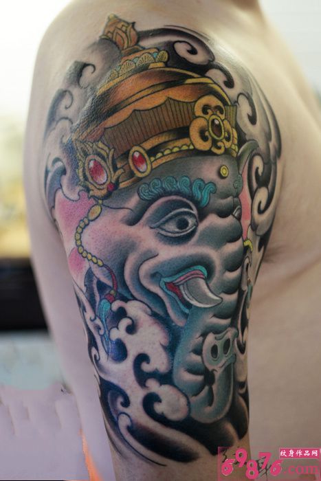 彩色象神富贵手臂纹身图片
