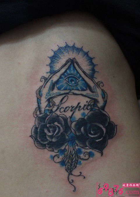 玫瑰手三角眼创意腰部纹身图片