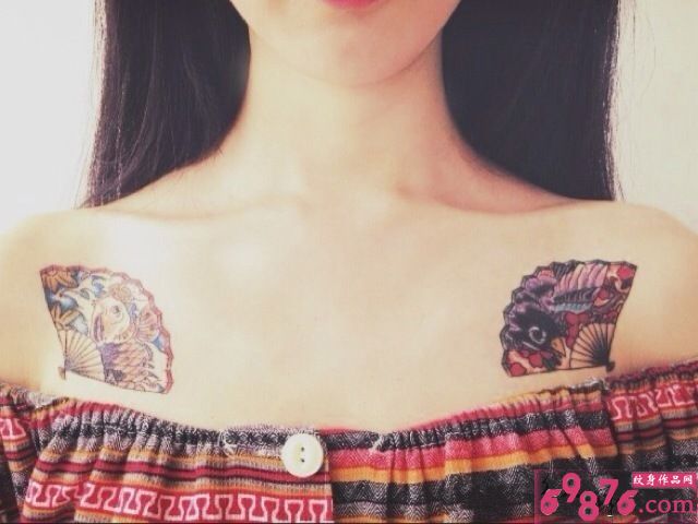 创意鱼与鸟扇子肩部纹身图片