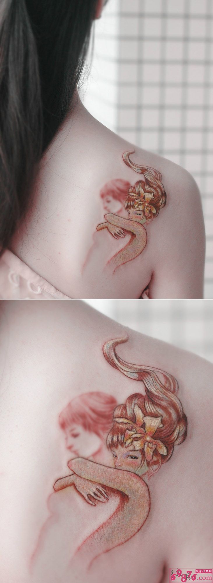 唯美肩部双生花姑娘纹身图片