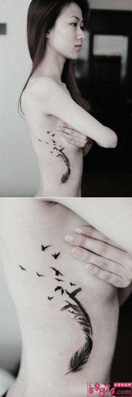 性感小美女羽毛鸟腰部纹身图片