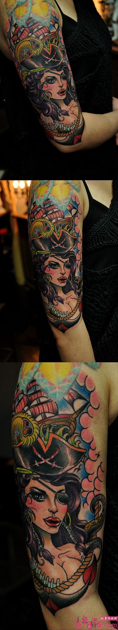 个性海盗妞花臂另类纹身图片