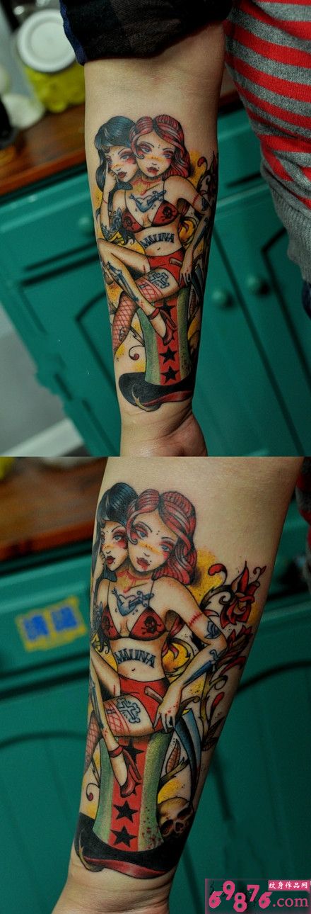 欧美性感双头美女手臂纹身图片