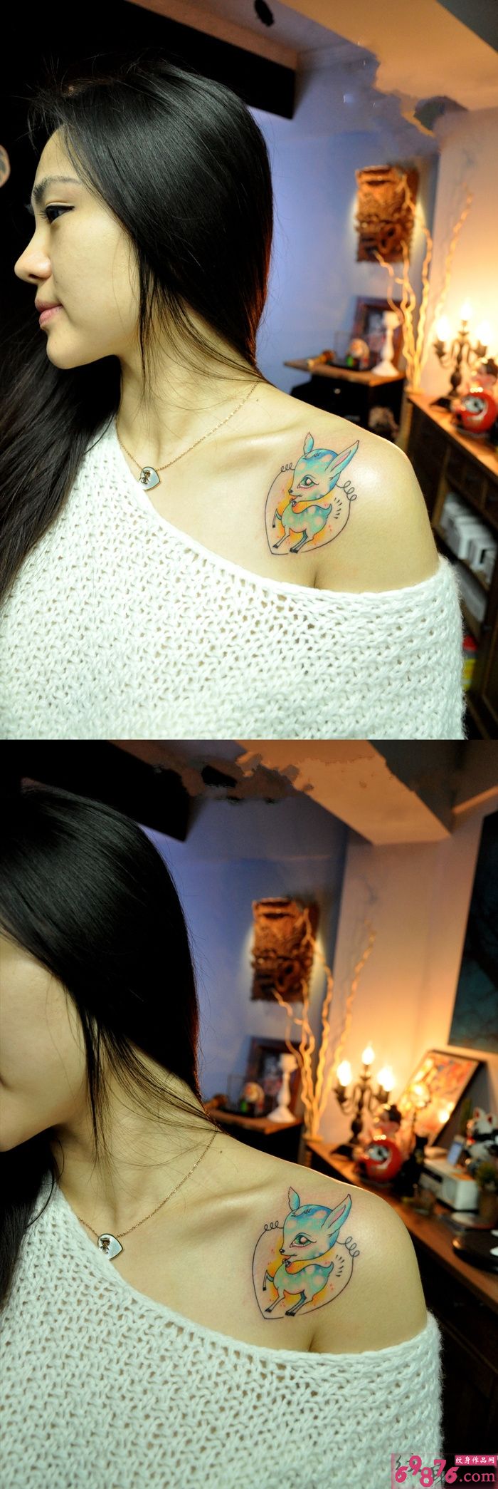 气质美女糖果小鹿肩部纹身图片