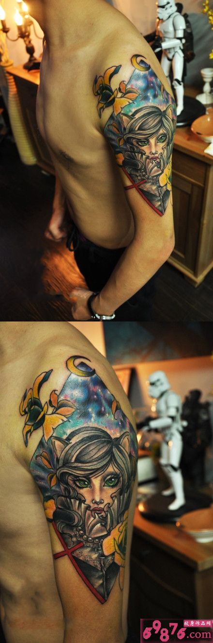 创意星空猫女花臂纹身图片