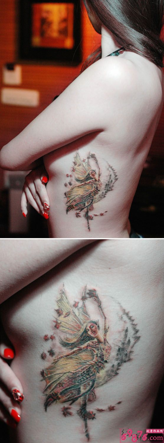 唯美歌唱精灵腰部纹身图片