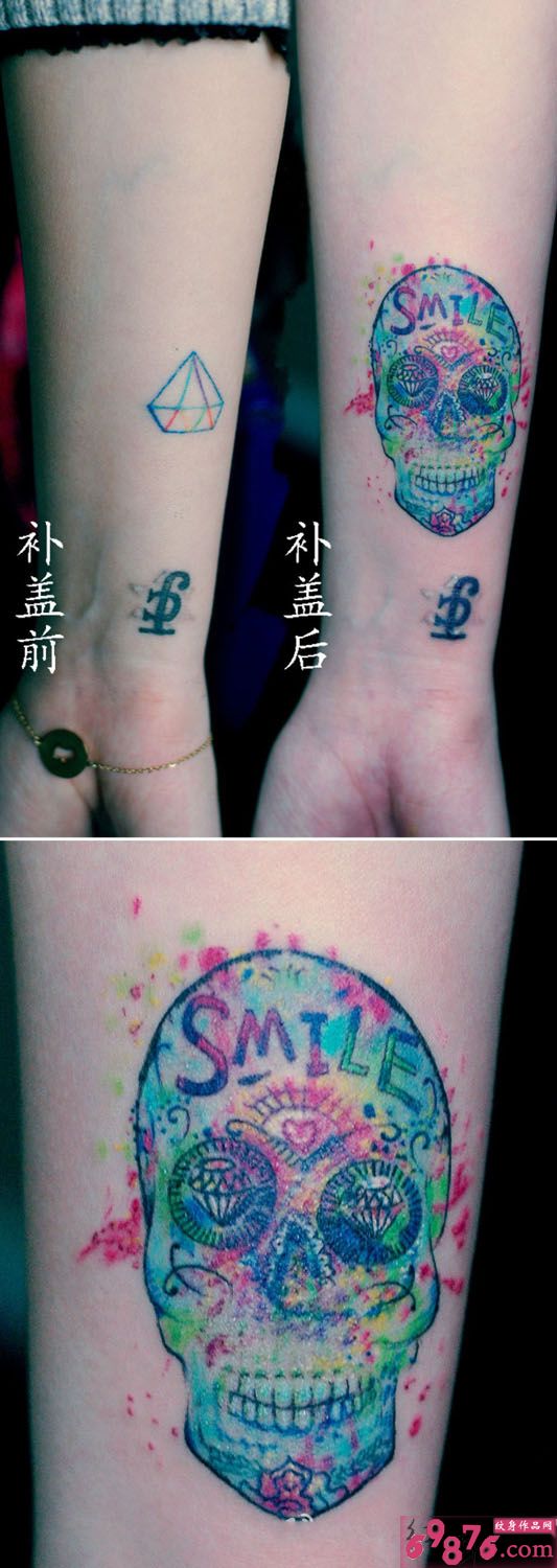 糖果色骷髅创意手臂纹身图片