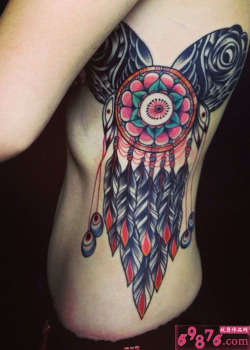 创意捕梦网唯美腰部纹身图片