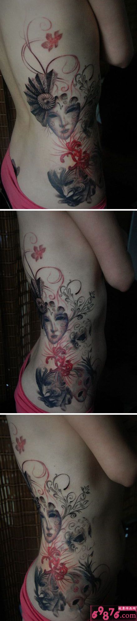 水墨风创意面具唯美腰部纹身图片