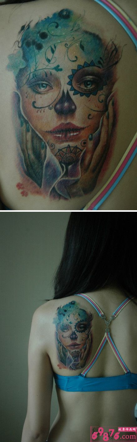 彩绘骷髅美女头像肩部纹身图片