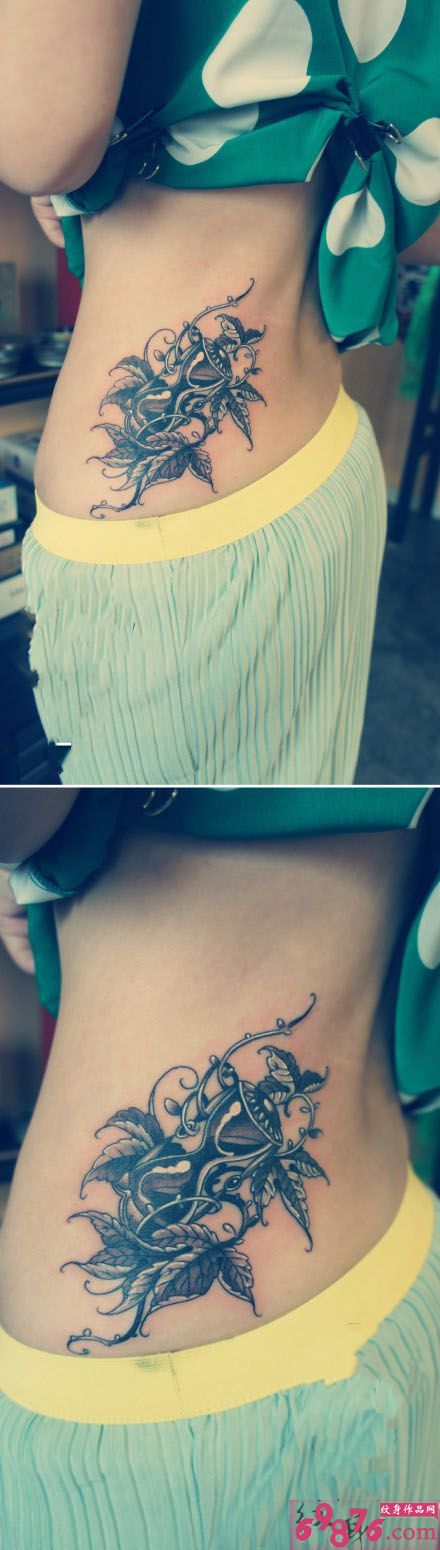 欧美风花藤沙漏腰部纹身图片