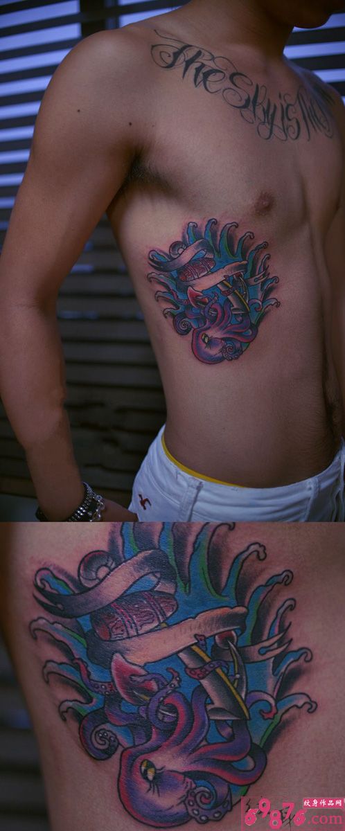章鱼与锚彩色腰部纹身图片