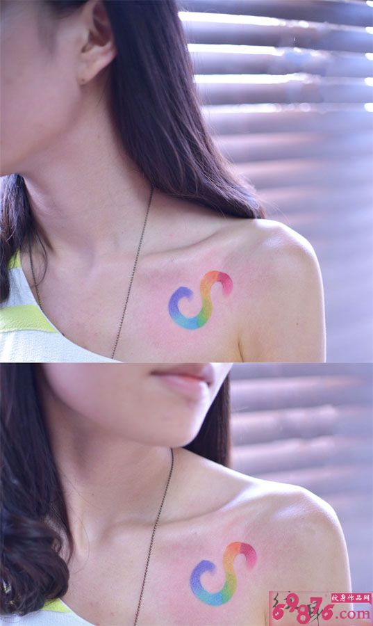 时尚彩虹小S锁骨纹身图片