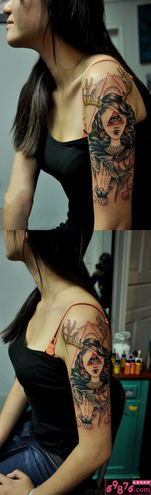 创意三角眼麋鹿女手臂纹身图片