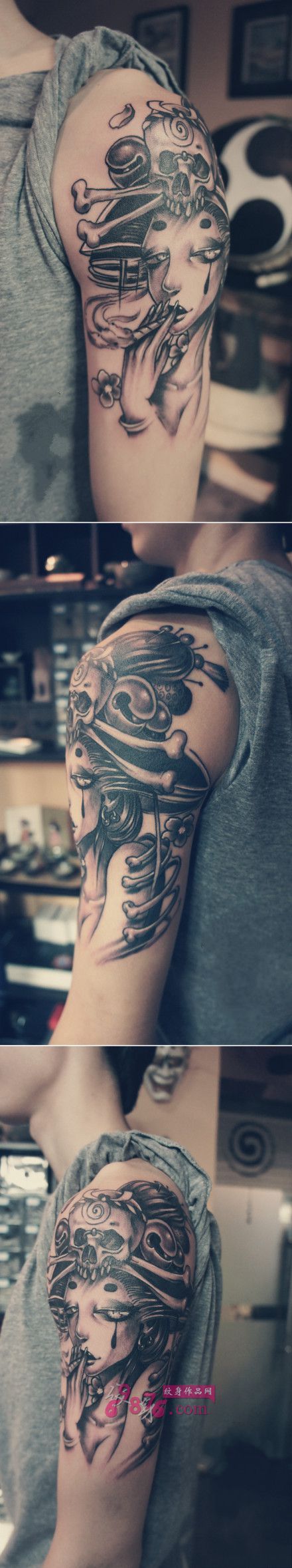 抽烟艺妓个性花臂纹身图片