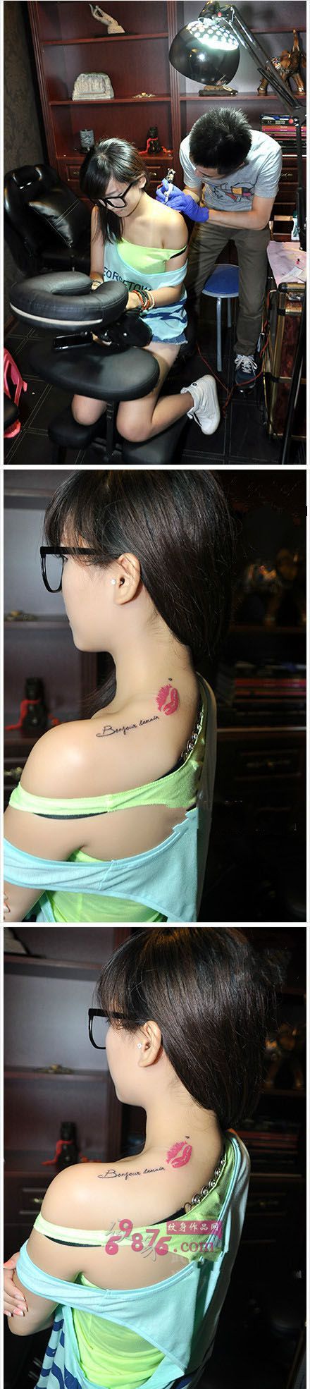 美女时尚红唇英文肩部纹身图片