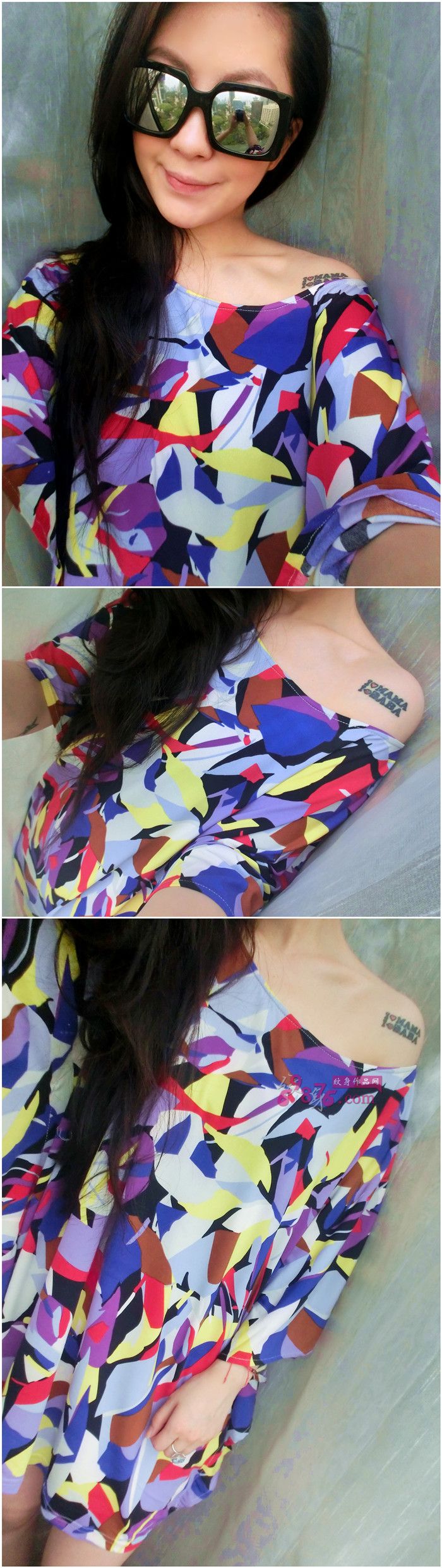 时尚美女香肩英文纹身图片