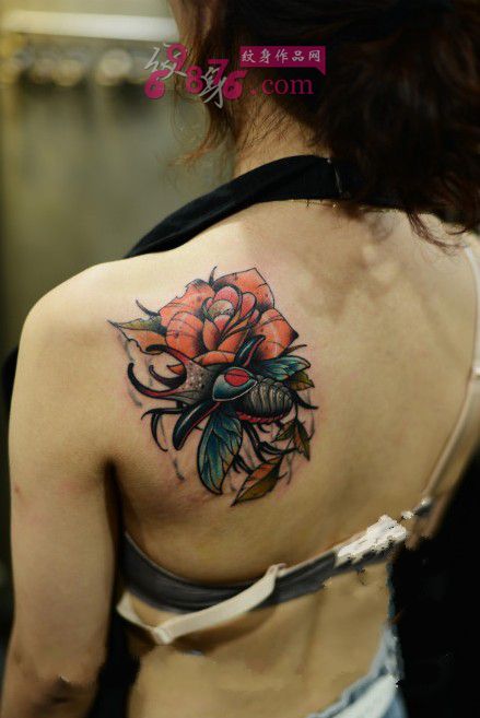 甲虫玫瑰美女香肩纹身图片