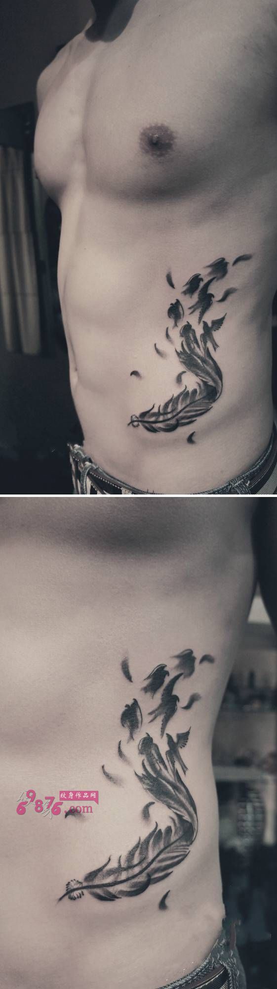 男人侧腰羽毛小鸟个性纹身图片