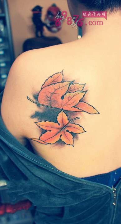 香肩唯美枫叶时尚纹身图片