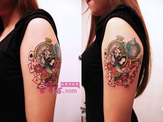 另类创意怀表茶壶手臂纹身图片