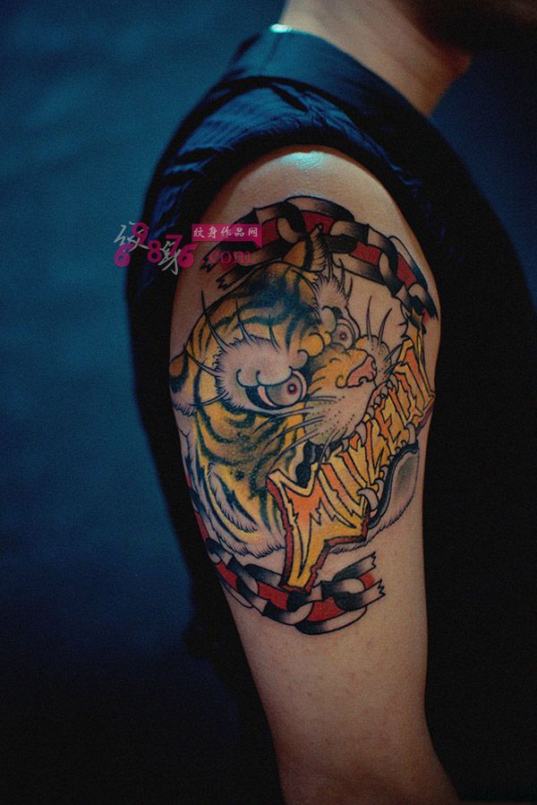 霸气彩色老虎手臂纹身图片