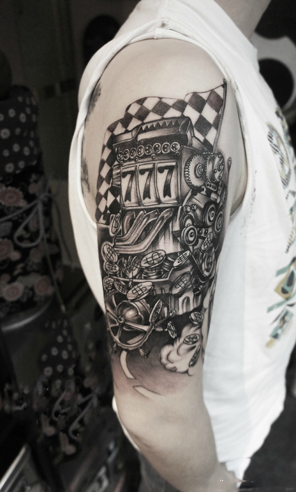 创意黑灰机械花臂纹身图片