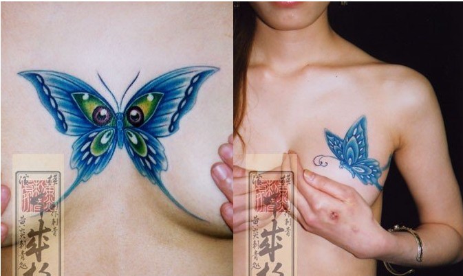 女性胸前彩色的蓝色蝴蝶纹身欣赏图片