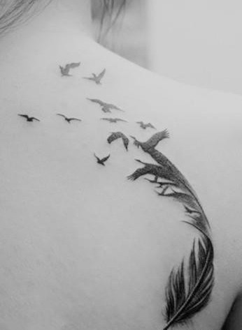　　一副女孩肩背部羽化燕羽毛纹身图图片