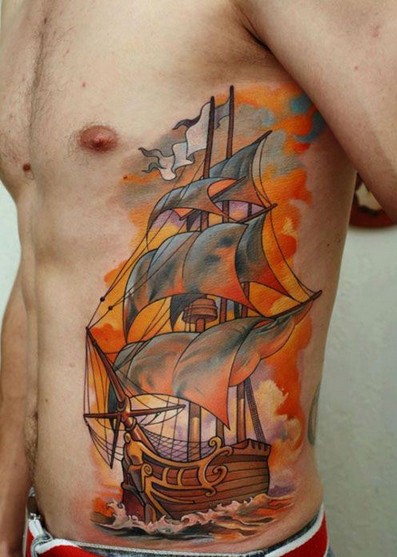 男性侧腰经典帅气的帆船纹身作品图片