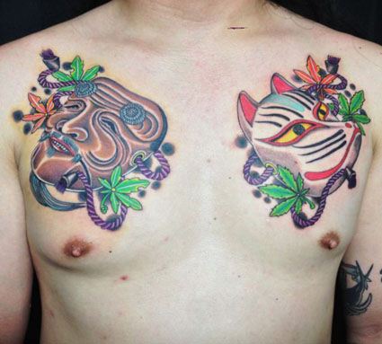 男人前胸彩色面具纹身图案图片