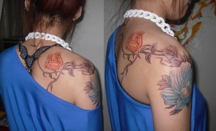 女生肩部唯美花藤牡丹纹身图案欣赏图片