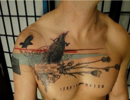 胸部之特别风格荆刺鸟纹身图案图片